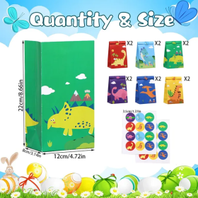 12Packs Christmas Dinosaur Candy Bags With 24Pcs Stickers Party Favor Bags Paper Gift Bags Treat Goody Gift Wrapping Bags For Christmas Halloween Dino