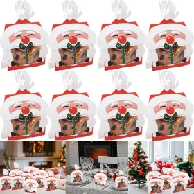 8 Pcs Mini Christmas Candy Boxes With Cellophane Bags And Twist Ties Cartoon Santa Claus Design Gift Box Paper Merry Christmas Goodie Cookie Boxes For