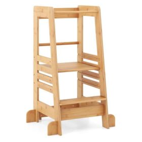 Bamboo Kids Kitchen Step Stool with Adjustable Height and Safety Rails-Natural