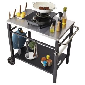 Outdoor Grill Dining Cart with Double-Shelf, BBQ Movable Food Prep Table, Multifunctional Stainless Steel Table Top, Portable Modular Carts for Pizza