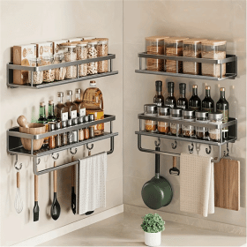 Color: multi - Multifunctional Kitchen Tray Wall-Mounted Aluminum Storage Rack Seasoning Bottle Storage Shelf Kitchen Storage Hooks