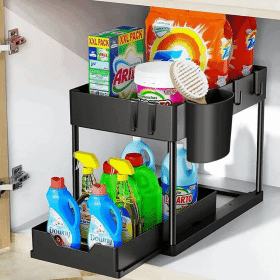 Color: Burgundy - 2 Tier Under Sink Organizer Sliding Cabinet Basket Organizer Storage Rack with Hooks Hanging Cup Kitchen Laundry Organizer
