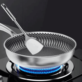 Sheet Size: 16cm-25cm, Color: Red - Whole Body Tri-Ply Stainless Steel Frying Pan 316 Stainless Steel Wok Pan Double-sided Honeycomb Skillet