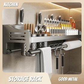 Color: Dark Khaki, Ships From: CHINA - Kitchen Storage Rack Non Perforated Stainless Steel Household Wall Mounted Seasoning Chopstick and Knife Holder