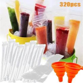 320 Pcs Disposable Beverage Packaging Bag Ice Popsicle Mold Bags With 2 Pcs Orange Funnels DIY Ice Lolly Bags BPA Free Freezer Tubes With Zip Seals Fo