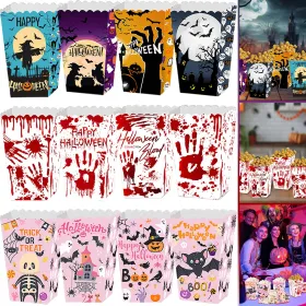12Pcs Halloween Popcorn Box 3 Style Trick Or Treating Snack Treat Box Bloodstain Ghost Castle Bat Pattern Candy Cookie Container For Halloween Party S
