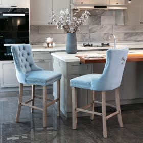 Contemporary Velvet Upholstered Barstools with Button Tufted Decoration and Wooden Legs, and Chrome Nailhead Trim, Leisure Style Bar Chairs,Bar stools
