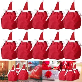 5Pcs Christmas Drawstring Bags Christmas Hat Design Flannel Gift Wrapping Bag Small Goodie Candy Snack Bag Party Favor Treat Pouch Bags For Holiday Bi