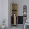 Kaia 70" Tall Corner Bar Cabinet With Four Shelves, Ten Wine Bottle Cubbies and Stemware in Natural Oak - Black