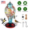 Glass Hummingbird Feeder 33OZ Hand Blown Hummingbird Feeder with 5 Flower Feeding Port Perch Ant Moat Hanging Hook S Hook Hemp Rope Cleaning Brush for