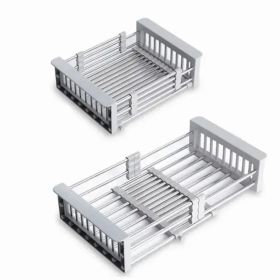 Adjustable Immersion Sink Dish Drying Rack With Stainless Steel Drain Basket - Portable And Retractable Space-Saving Fruit And Vegetable Solution (Color: Silver)