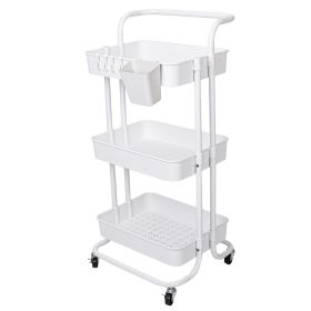 3 Tier Rolling Utility Cart Movable Storage Organizer with Mesh Baskets Lockable Wheels 360 Degree Rotatable Hanging Box Hooks Bedroom Bathroom Kitche (Option: Cart3TierWhite)