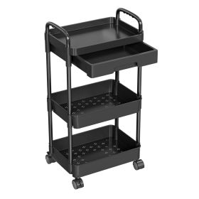 3 Tier Rolling Utility Cart Movable Storage Organizer with Drawer Lockable Wheels 360 Degree Rotatable Hallow Design for Bedroom Bathroom Kitchen (Option: RollCartBlack3Tier)