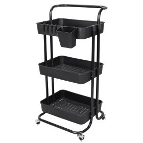 3 Tier Rolling Utility Cart Movable Storage Organizer with Mesh Baskets Lockable Wheels 360 Degree Rotatable Hanging Box Hooks Bedroom Bathroom Kitche (Option: Cart3TierBlack)
