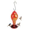 Glass Hummingbird Feeder 33OZ Hand Blown Hummingbird Feeder with 5 Flower Feeding Port Perch Ant Moat Hanging Hook S Hook Hemp Rope Cleaning Brush for
