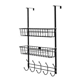 Over The Door Hooks Organizer Door Towel Rack Hanger 5 Hooks with 2 Metal Baskets for Bathroom Bedroom Kitchen Storage Shelf (Option: DoorHangerBlack)