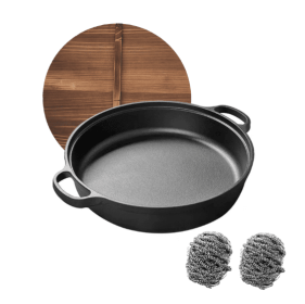 WANGYUANJI 11Cast Iron Wok With Dual Handles And Wooden Lid, Uncoated Frying Pan For Gas And IH, Chinese Thickened Pancake Pan, Stir-frying And IH Uni (Color: Black)