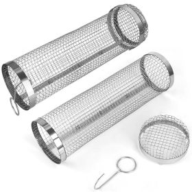 2Pcs 3.42x11.61Inch Portable BBQ Rolling Basket Round Stainless Steel Grill Mesh Barbecue Net Tube with Removable Cover Outdoor Camping (Option: 2PCS)