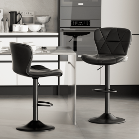 Industrial Vintage 2-Pc Rotatable Bar Stools Set w/ Backrest & Footrest - Quilted PU Leather - 300lb Capacity (Color: Black)