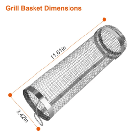 2Pcs 3.42x11.61Inch Portable BBQ Rolling Basket Round Stainless Steel Grill Mesh Barbecue Net Tube with Removable Cover Outdoor Camping (Option: Style1)