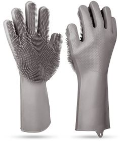 1 Pair Magic Silicone Brush Dishwashing Gloves Cleaning Sponge Pet Scrubber Heat Resistant Wash Gloves (Option: DishWashGlove Grey)
