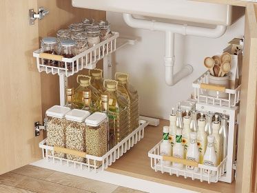 Metal Adjustable Height Two-Tier Drawer Kitchen Bathroom Under Sink Storage Rack (Option: 1Pack White)
