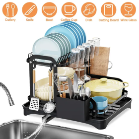 2-Tier Dish Drying Rack For Kitchen Counter Space Saving Rustproof Dish Rack With Drainboard Detachable Kitchen Drainer Organizer Set (Color: Black)