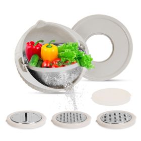 Multifunctional Mixing Bowl with Lid (SEE MY BLOG) Set 3 Replaceable Graters Food Strainer and Colander Fruit Vegetable Washing Basket Stainless Steel (Color: Beige)